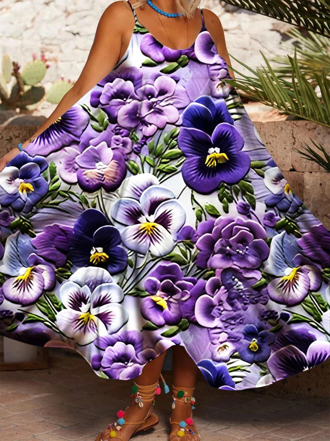 Purple Floral Print Casual Spaghetti Strap Dress