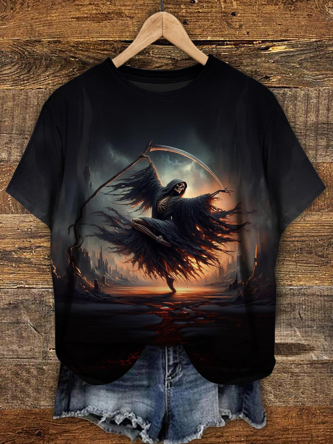 Women's Halloween Dance Scythe Skull Crew Neck T-shirt