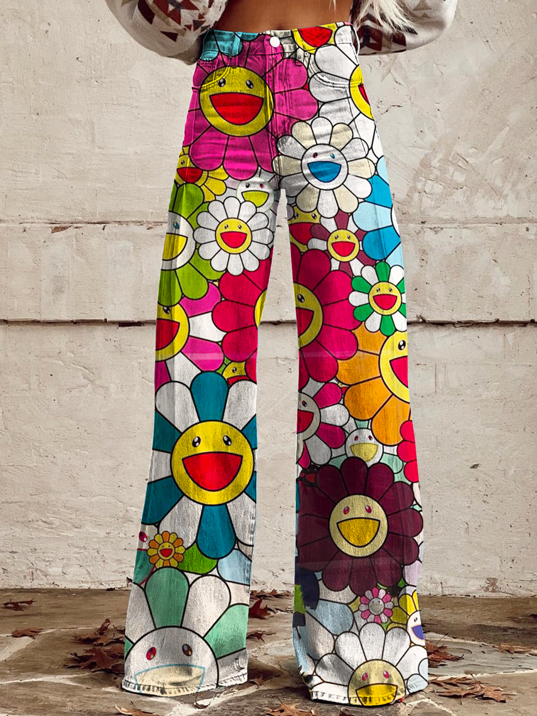 Colorful Hippie Sunflower Smiley Face Women's Cotton Flared Jeans Pants