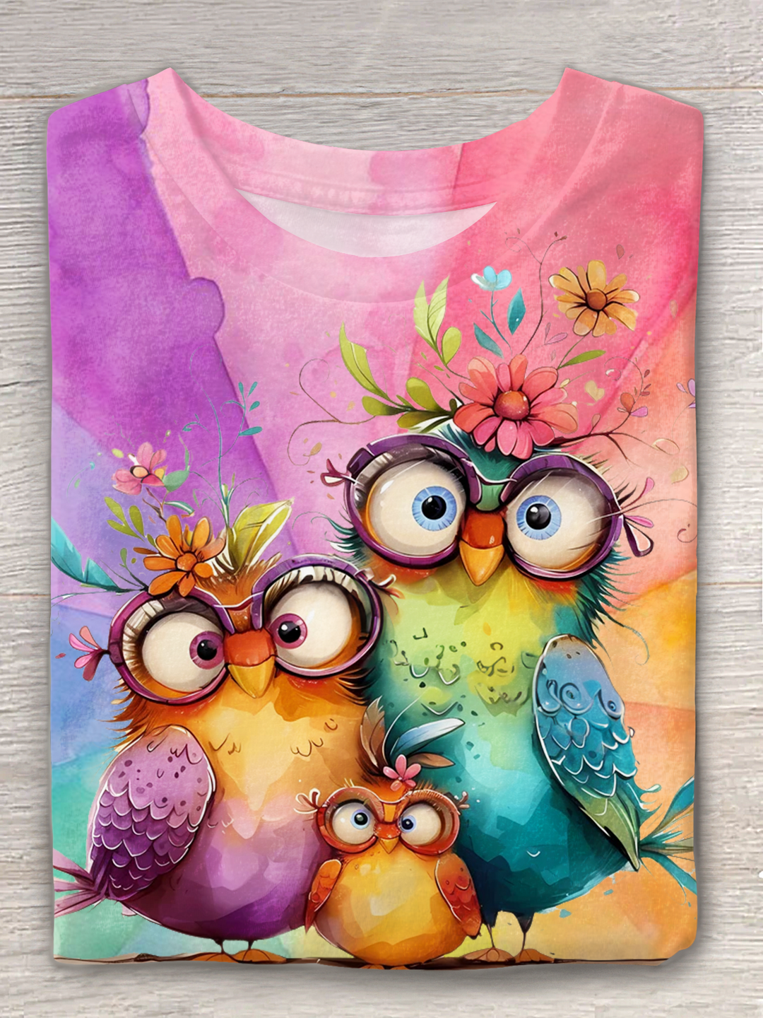 Whimsical Birds On Wire Crew Neck T-shirt