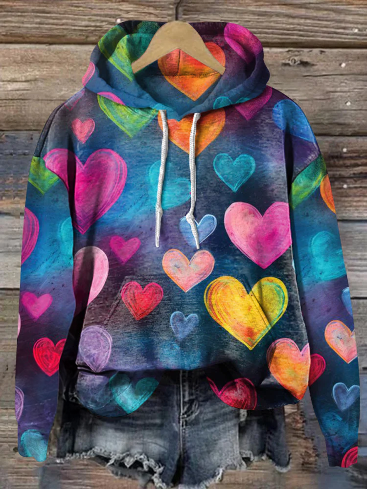 Retro Love Heart Hippie Art Long Sleeve Printed Hoodie