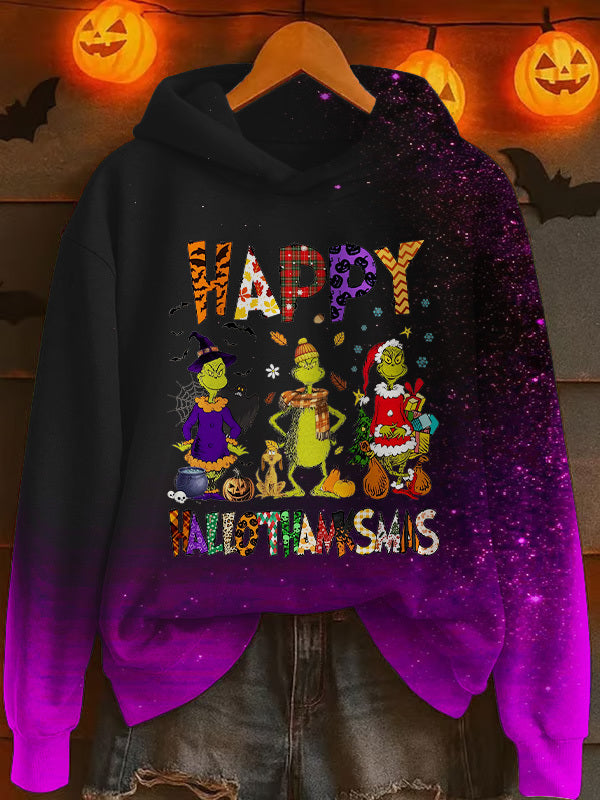 Hallothanksmas Print Long Sleeve Printed Hoodie
