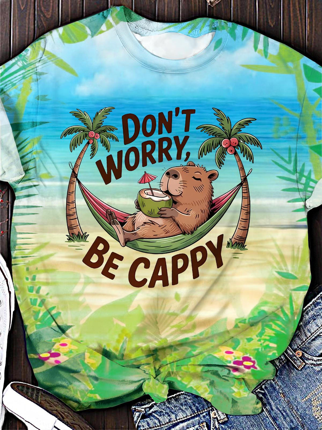 Fun Beach Mouse Print Crew Neck T-shirt