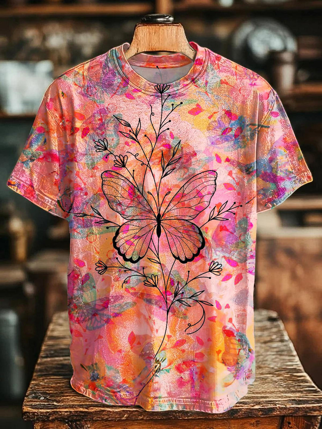 Hippie Floral Butterfly Print Crew Neck T-shirt