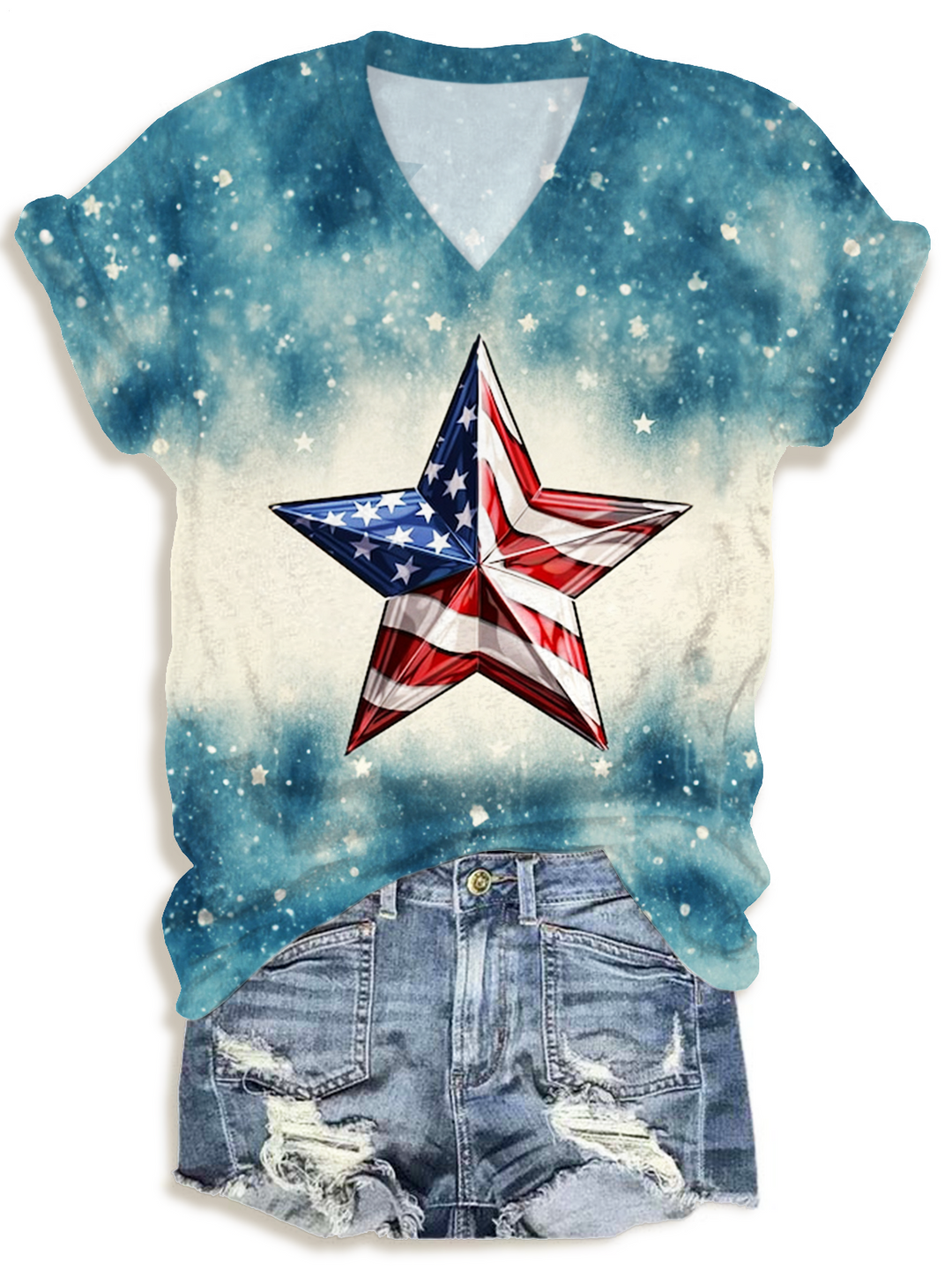 Tie-dye American Flag Star V-neck T-Shirt