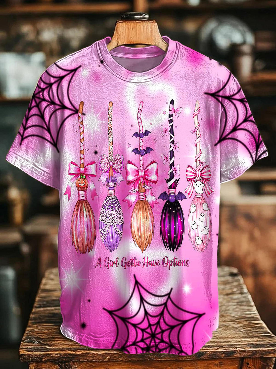 Halloween Witch Broom Print Crew Neck T-shirt