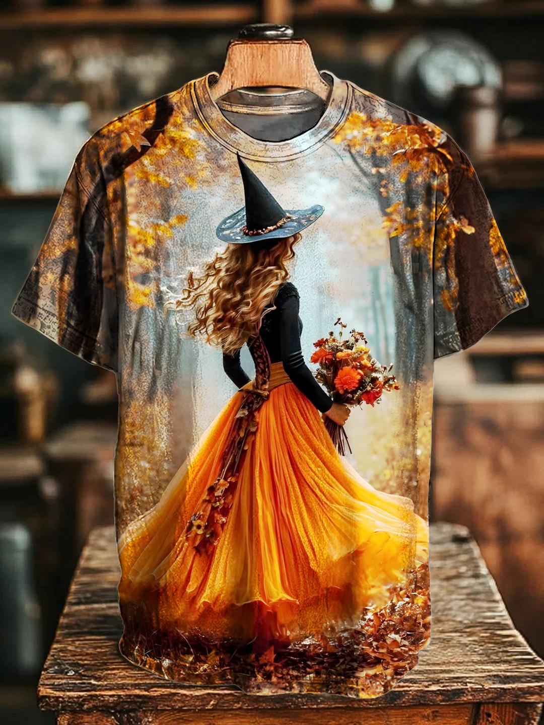 Vintage Autumn Witch Art Crew Neck T-shirt