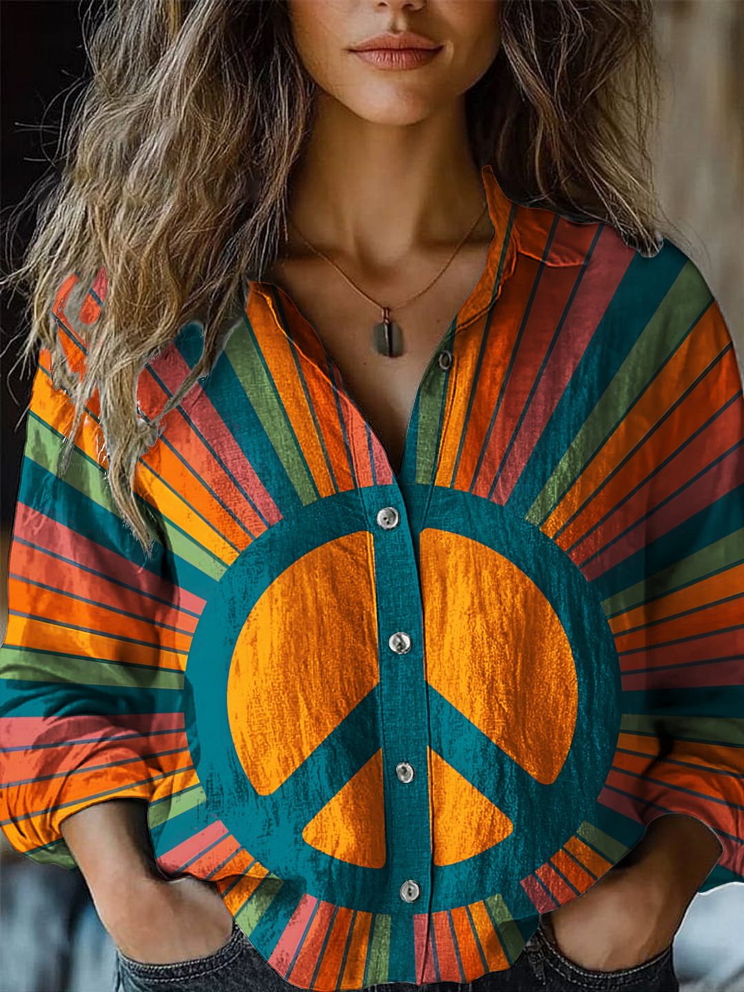 Retro Hippie Peace Art Women's Printed Casual Shirt