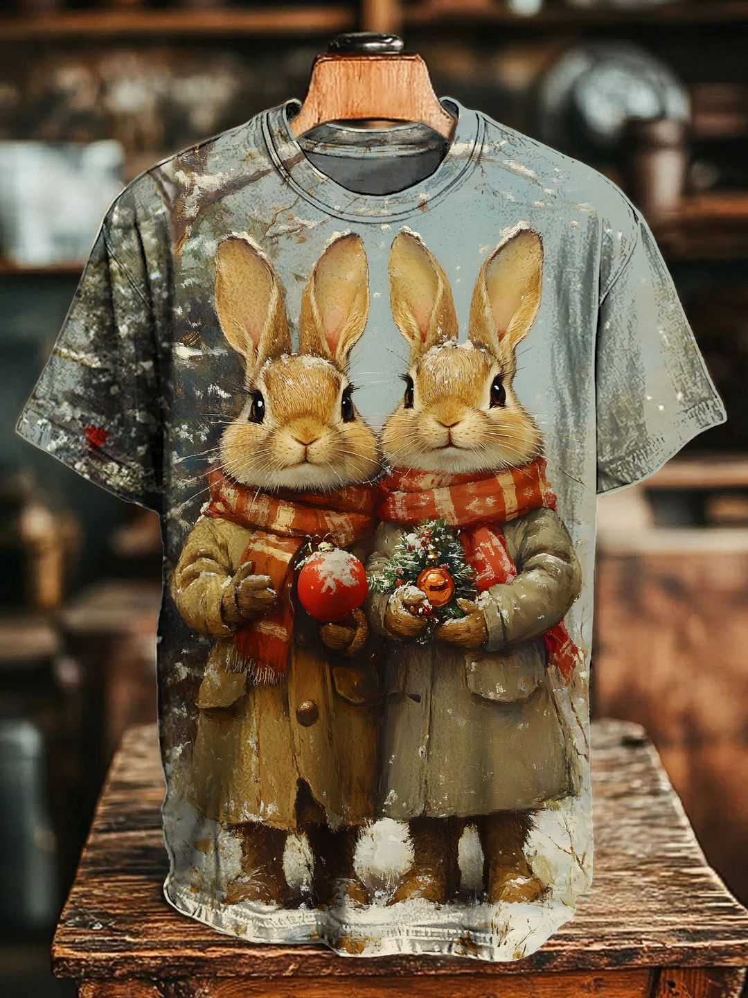 Vintage Winter Christmas Bunny Crew Neck T-shirt