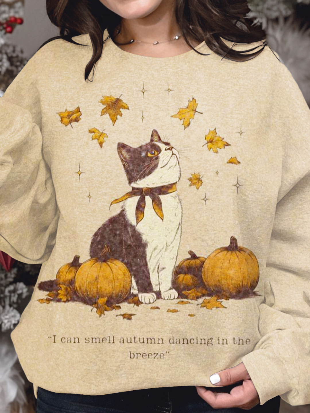 I Can Smell Autumn Dancing In The Breeze Printed Long Sleeve Casual Top