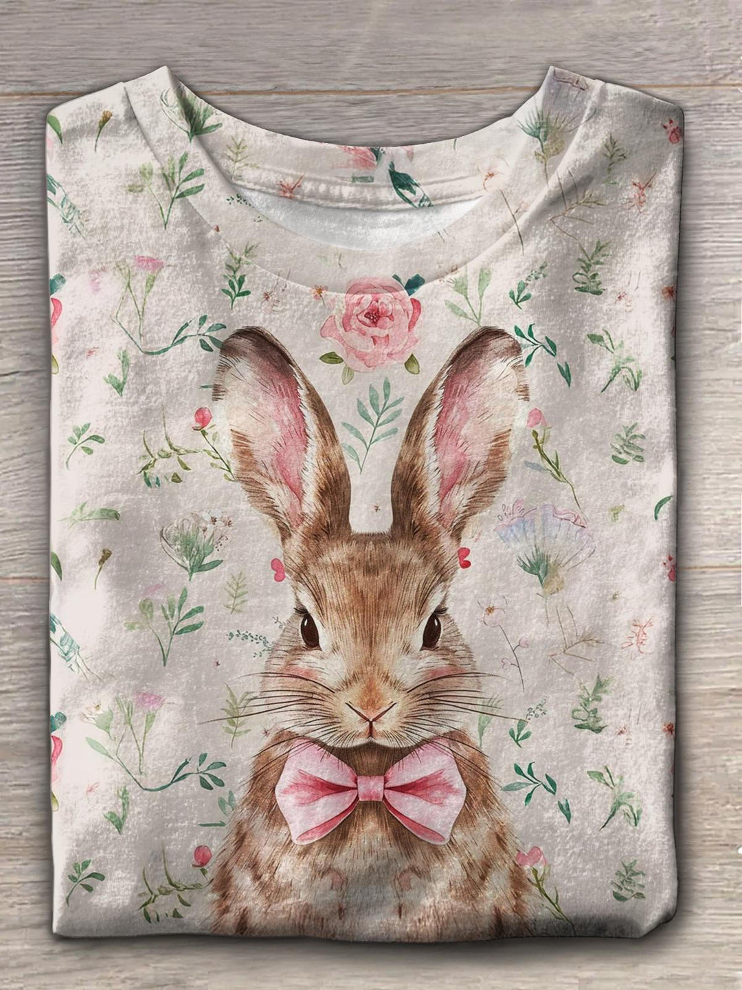 Cute Bunny Floral Easter Crew Neck T-shirt