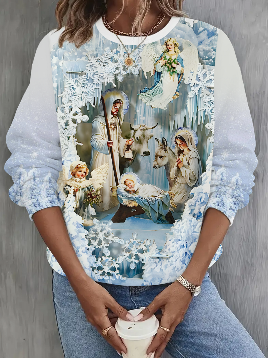 Winter Wonderland Nativity Christmas Printed Long Sleeve Casual Top