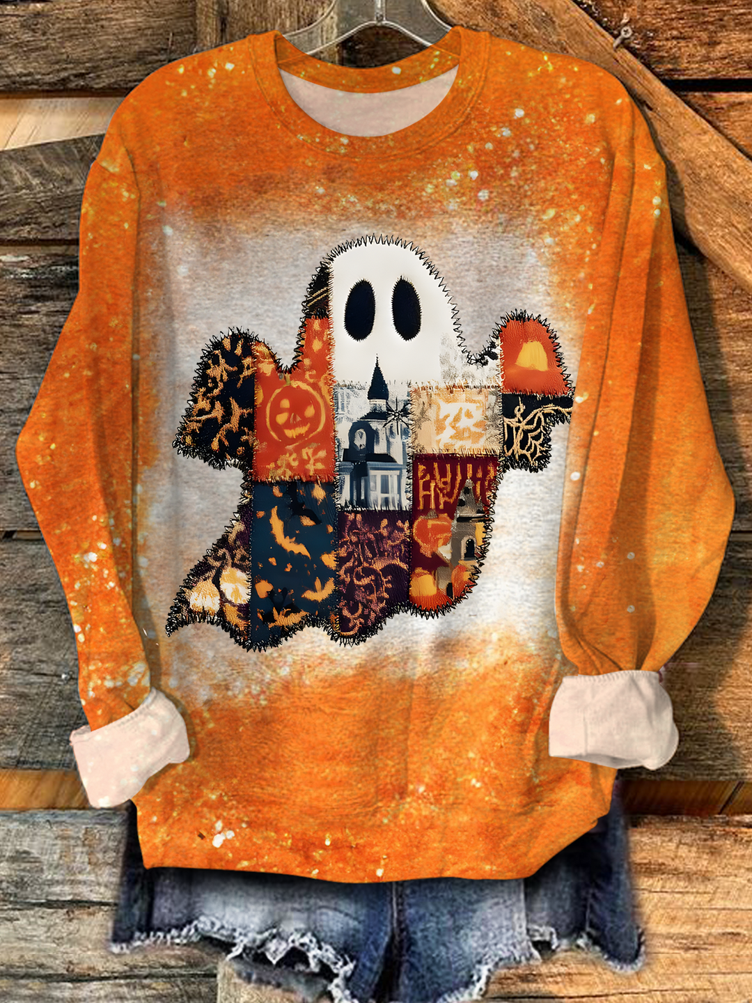 Fall Patchwork Ghost Printed Long Sleeve Casual Top