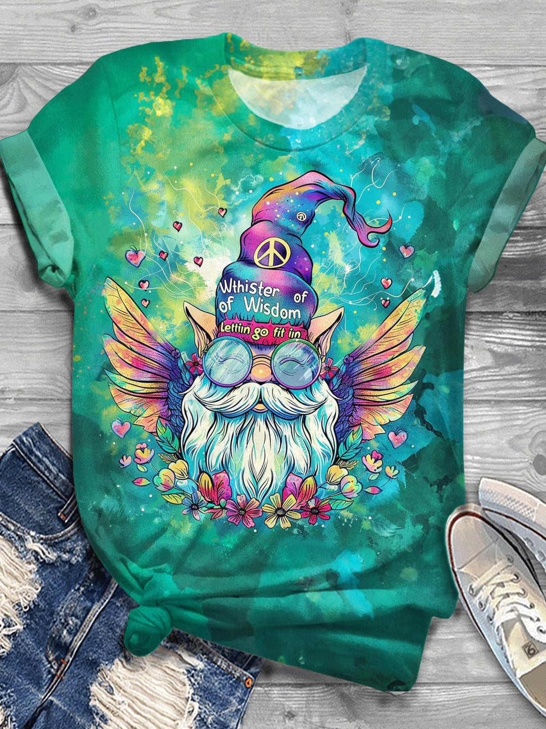 Retro Hippie Gnome Printed Crew Neck T-shirt