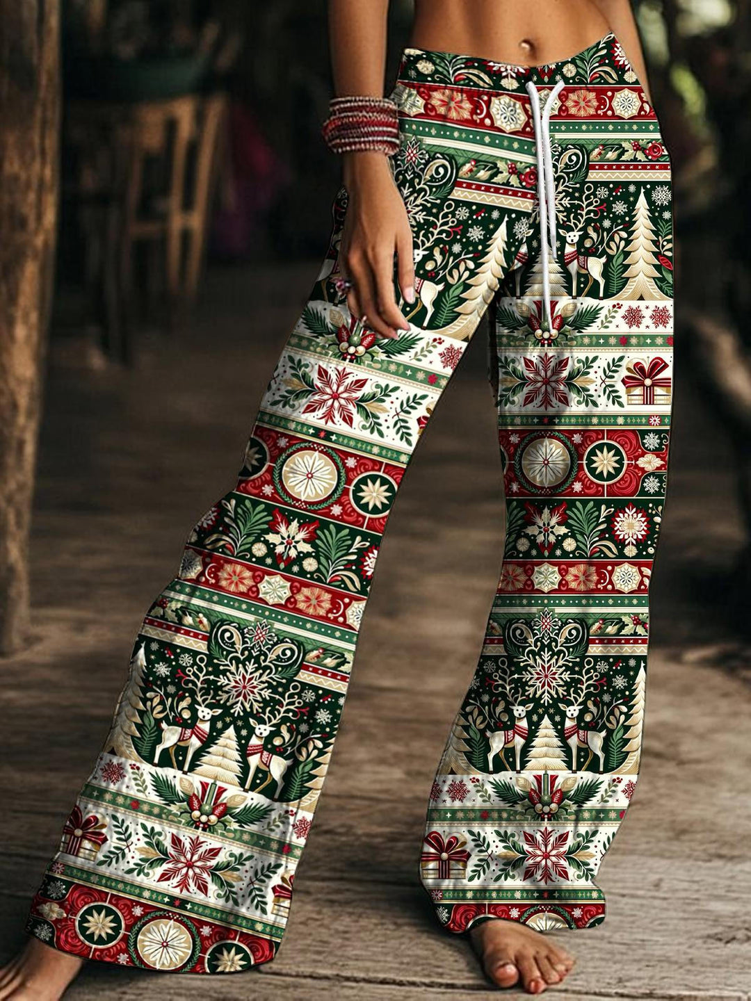 Women's Christmas Vintage Print Drawstring Wide-Leg Pants
