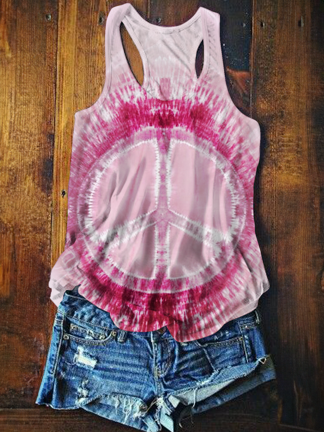 Gradient Tie Dye Hippie Peace Sign Art Printed Casual Tank Top