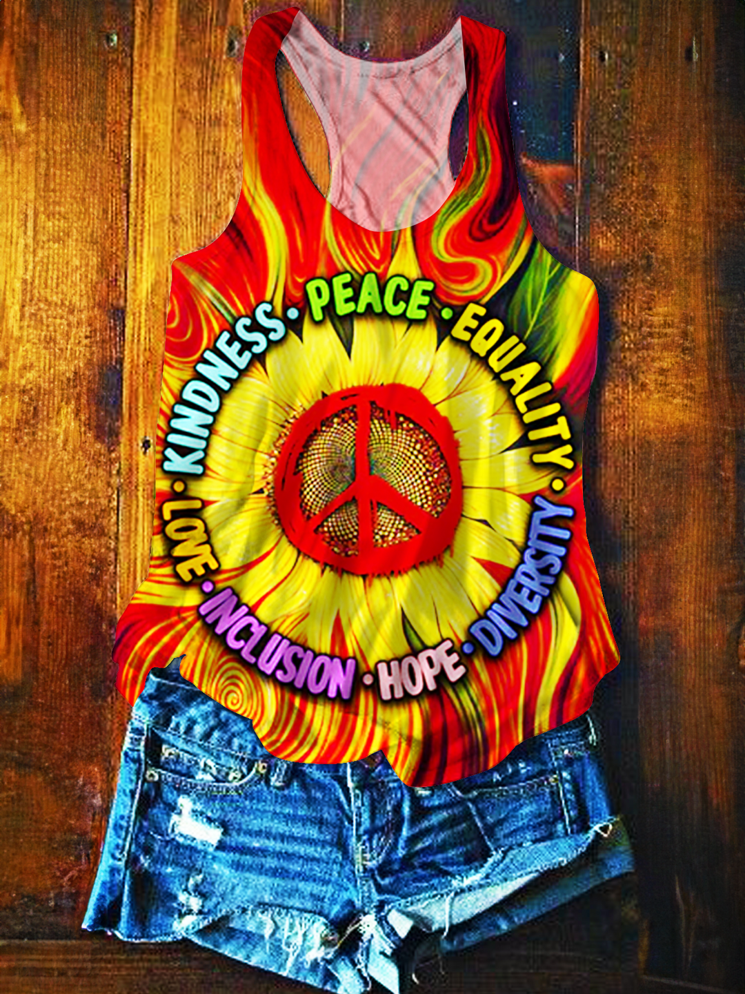 Vintage Hippie Love Peace Sunflower Art Printed Casual Tank Top