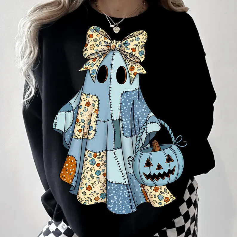 Retro Halloween Blue Denim Ghost Printed Long Sleeve Casual Top