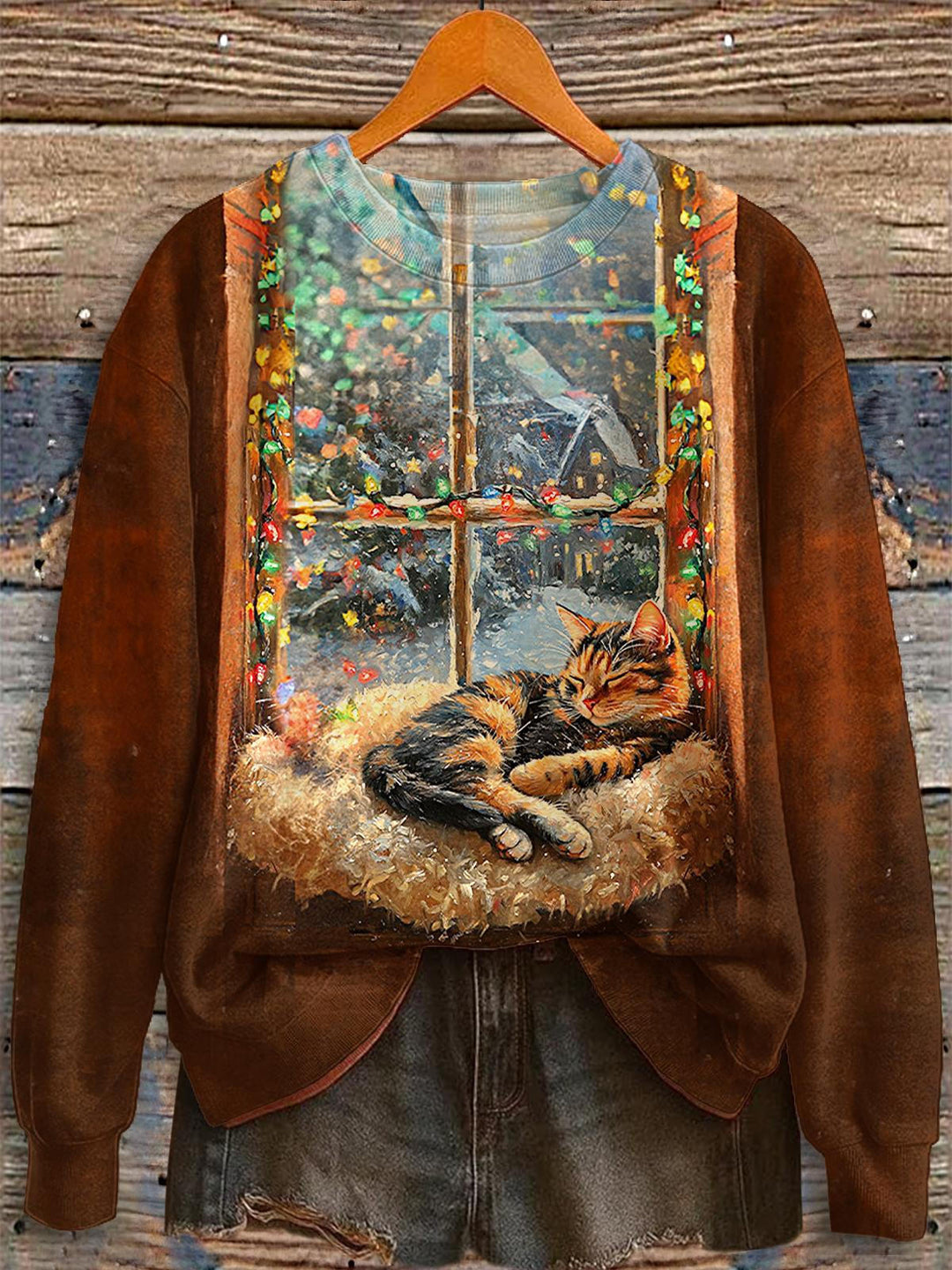 Winter Cat Print Long Sleeve Casual Top