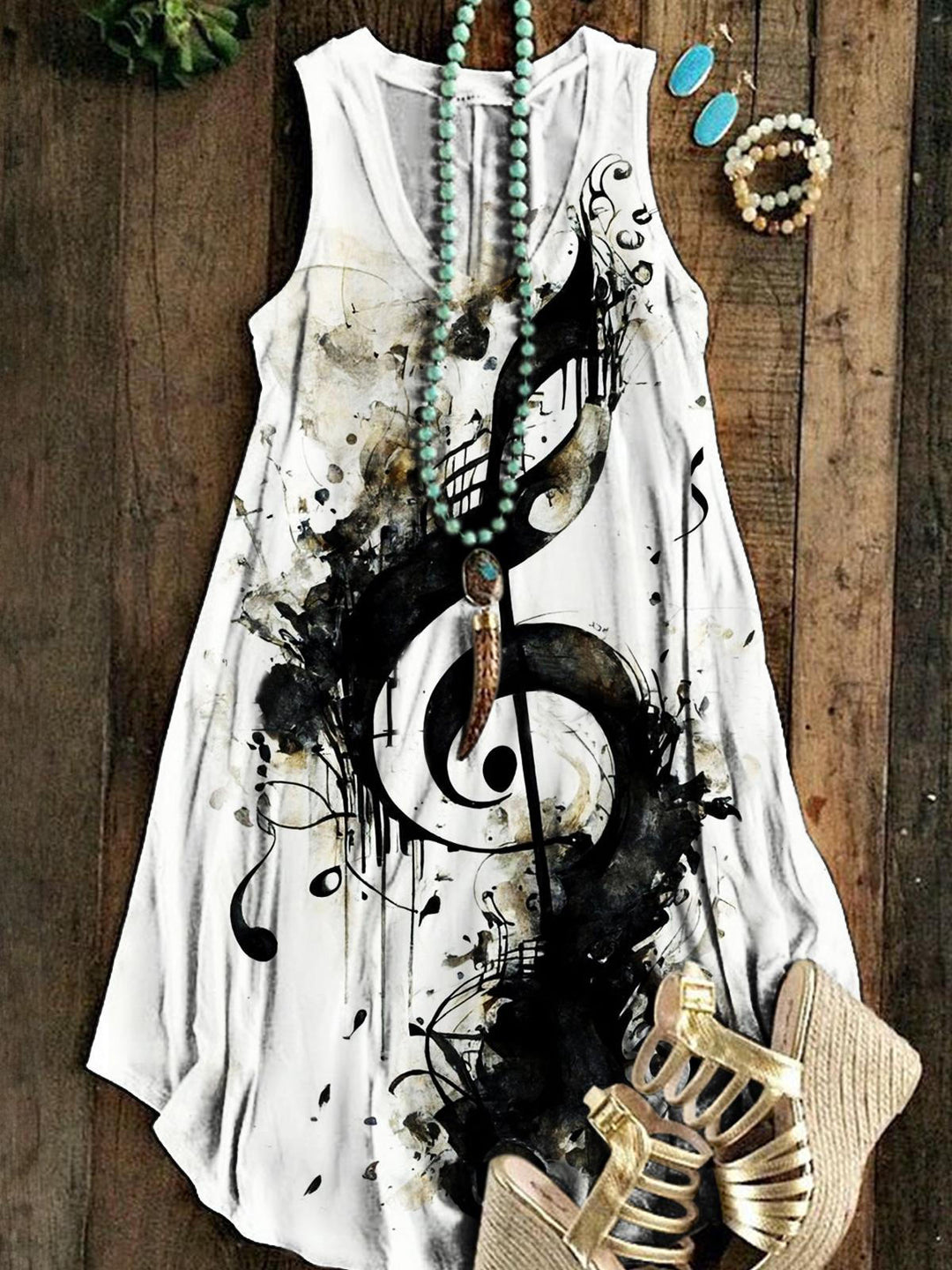 Women's Note Print Casual V-Neck Sleeveless Dress