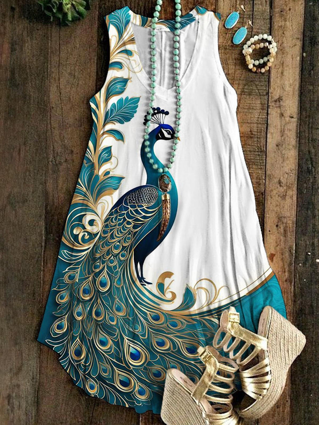 Women's Peacock Print Casual Sleeveless Dress