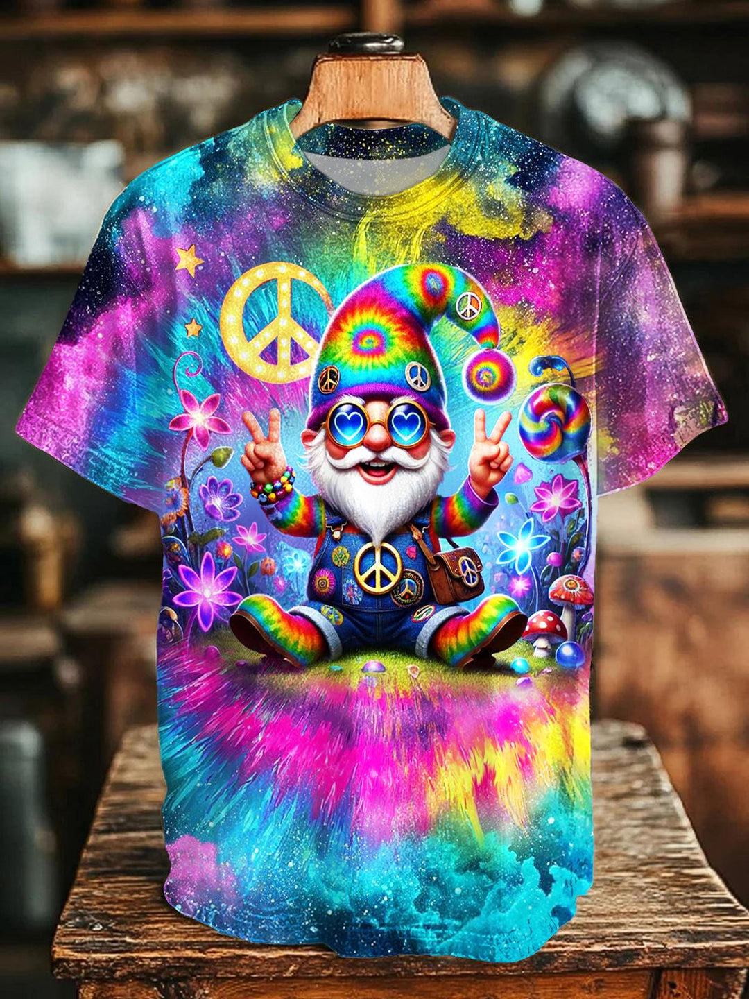 Colorful Hippie Gnome Printed Crew Neck T-shirt