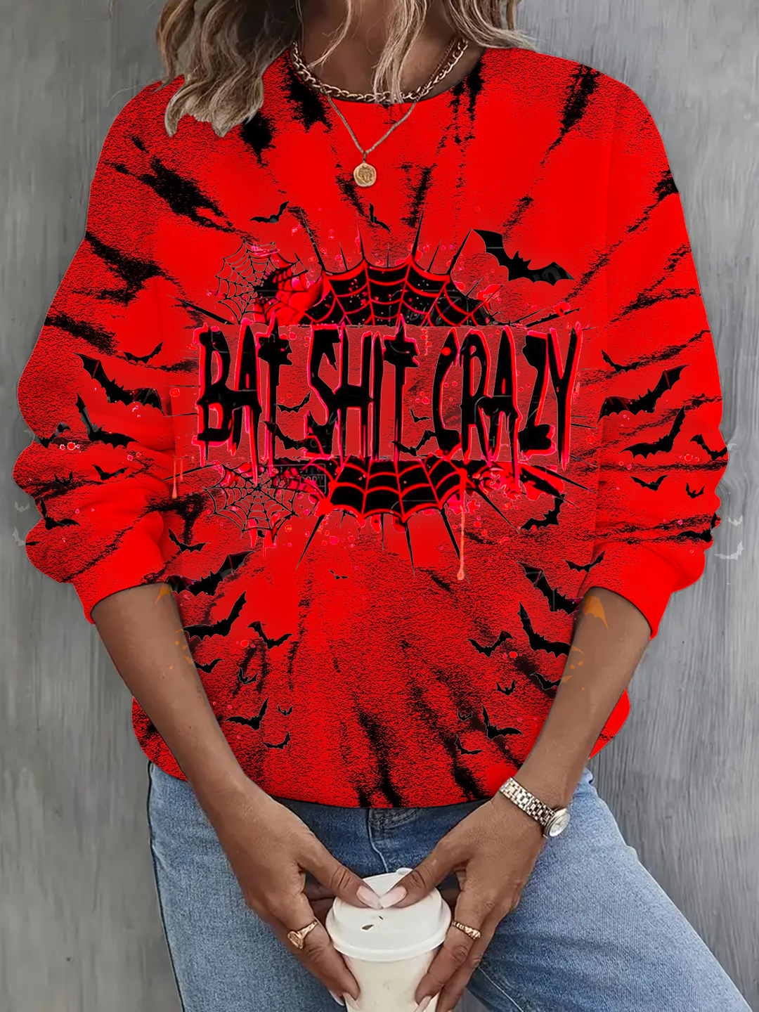 Bat Shit Crazy Funny Halloween Printed Long Sleeve Casual Top