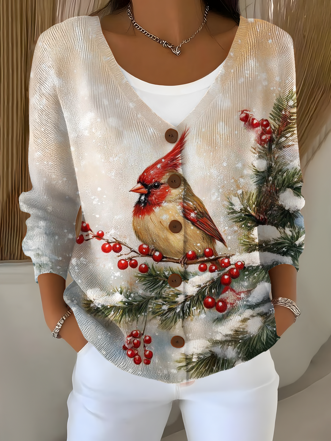 Cardinal Bird In Winter Snow Forest Print Button V-neck Cardigan Sweater