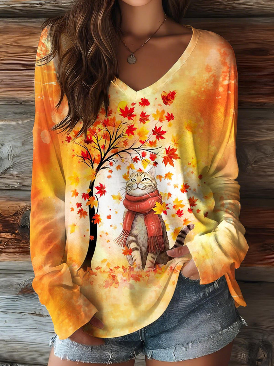 Autumn Kitten Print V-neck Long Sleeve Top