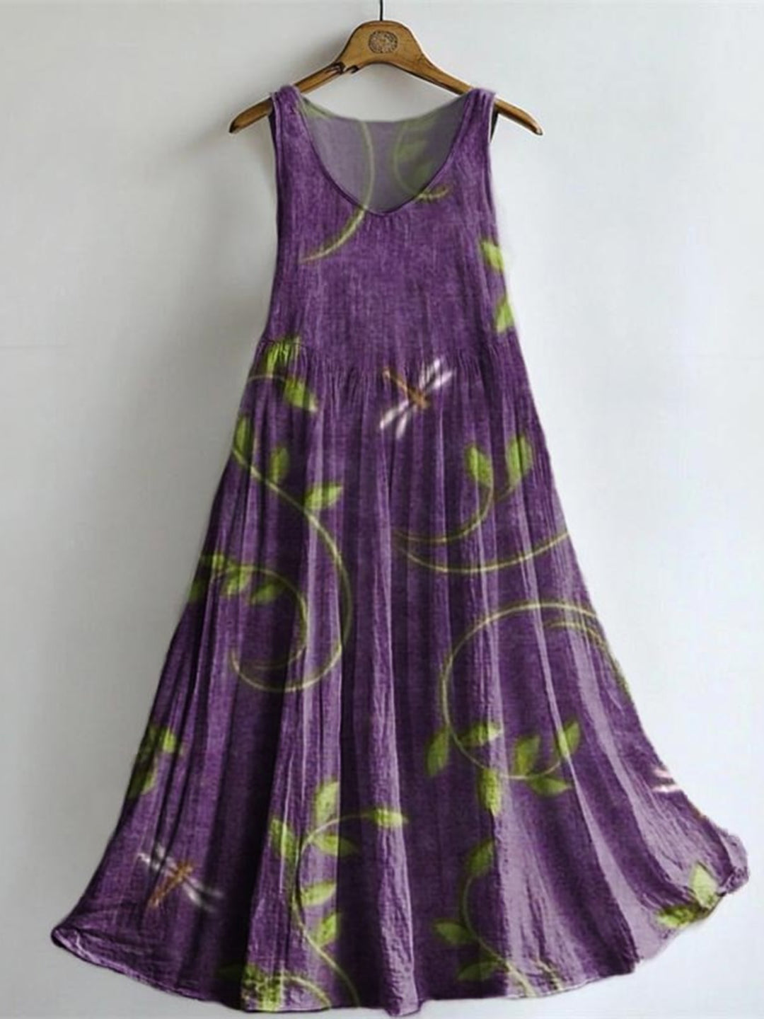 Whispers of Wisdom Vintage Dragonfly Art V-neck Bamboo Linen Sleeveless Dress