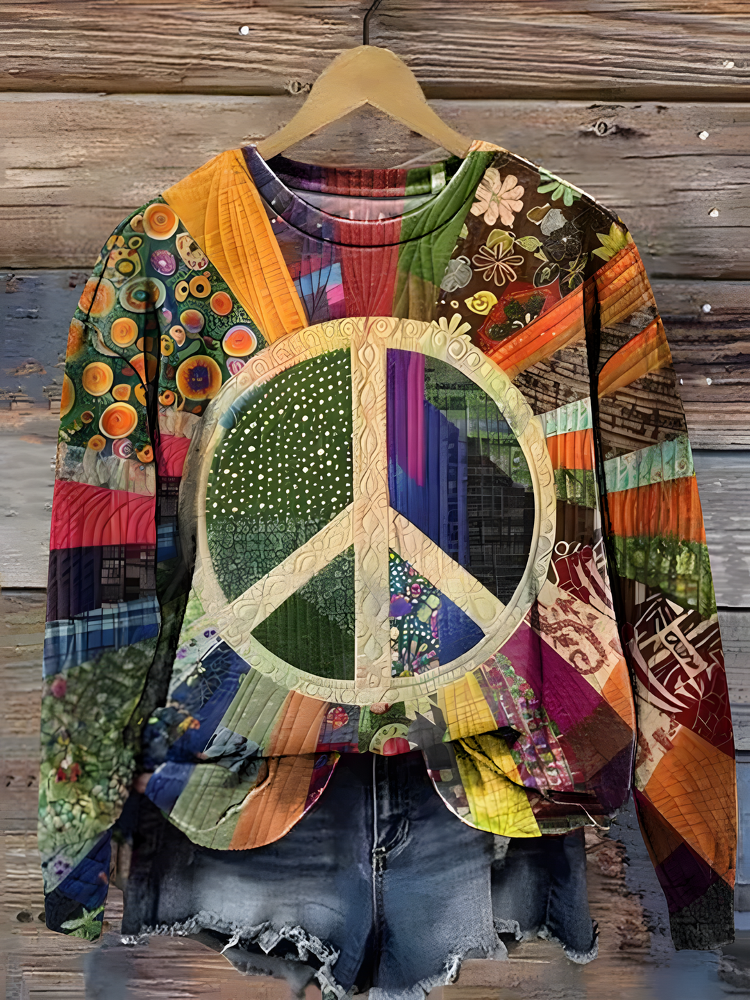 Vintage Hippie Peace Sign Art Printed Long Sleeve Casual Top