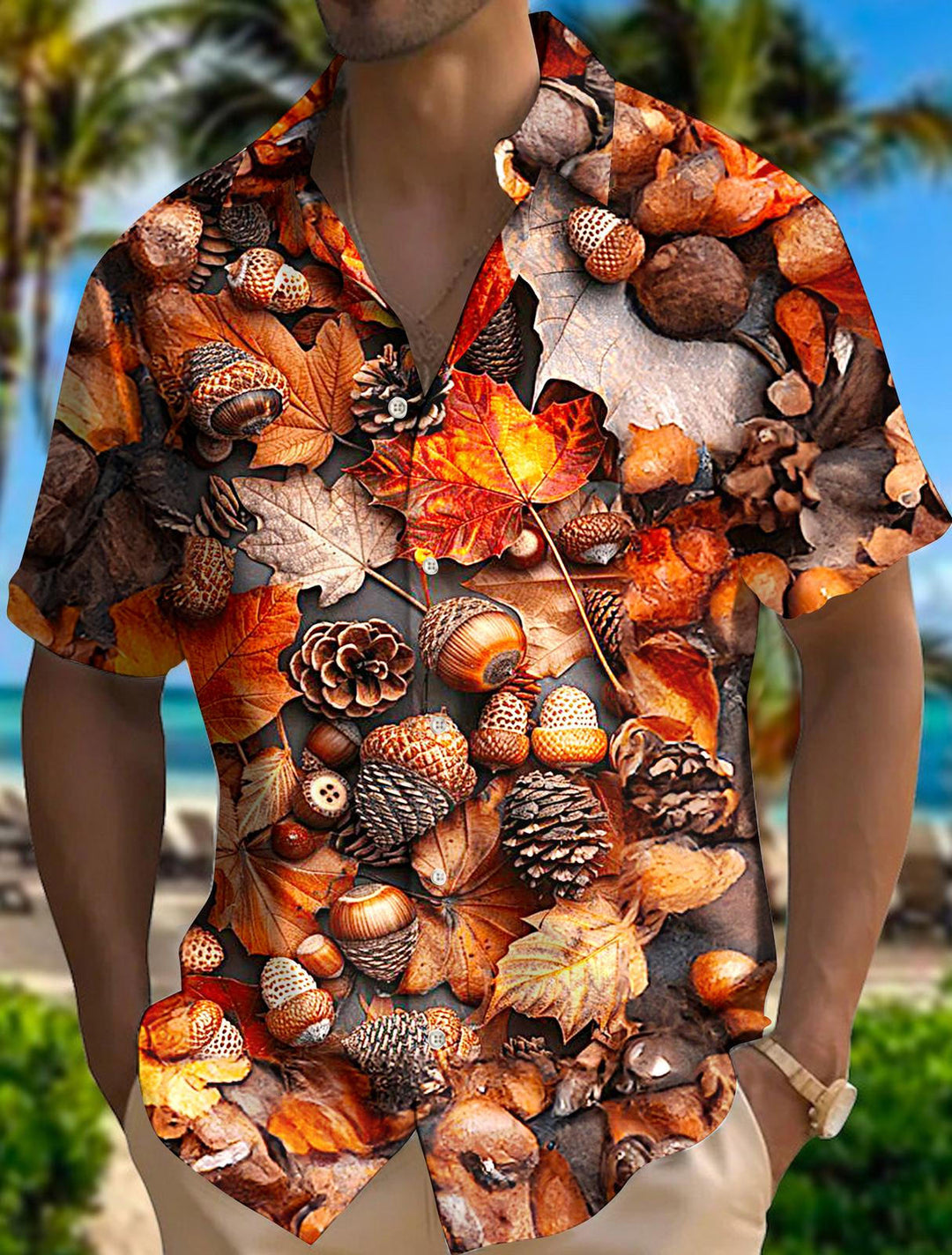 Men's Autumn Maple Leaf Print Short Sleeve Shirts