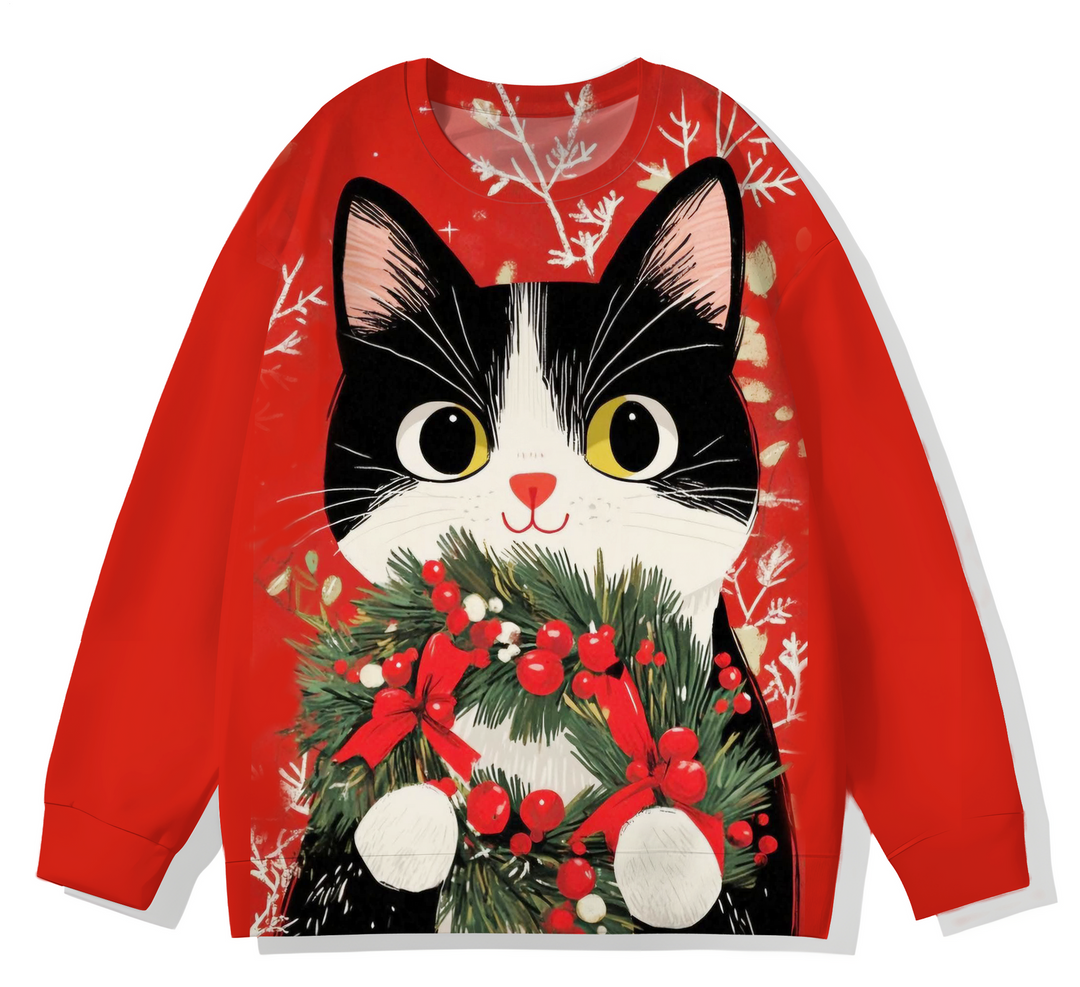 Vintage Winter Christmas Cat Printed Long Sleeve Casual Top