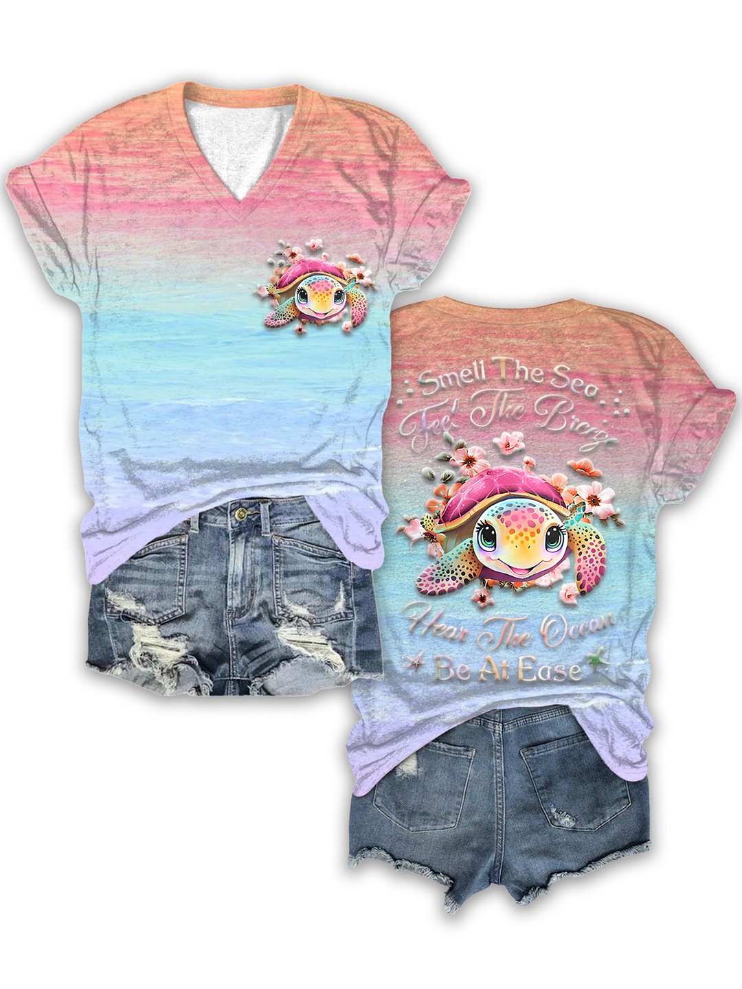 Tranquil Sea Turtle T-Shirt‘Smell The Sea, Feel The Breeze’ V-neck T-Shirt