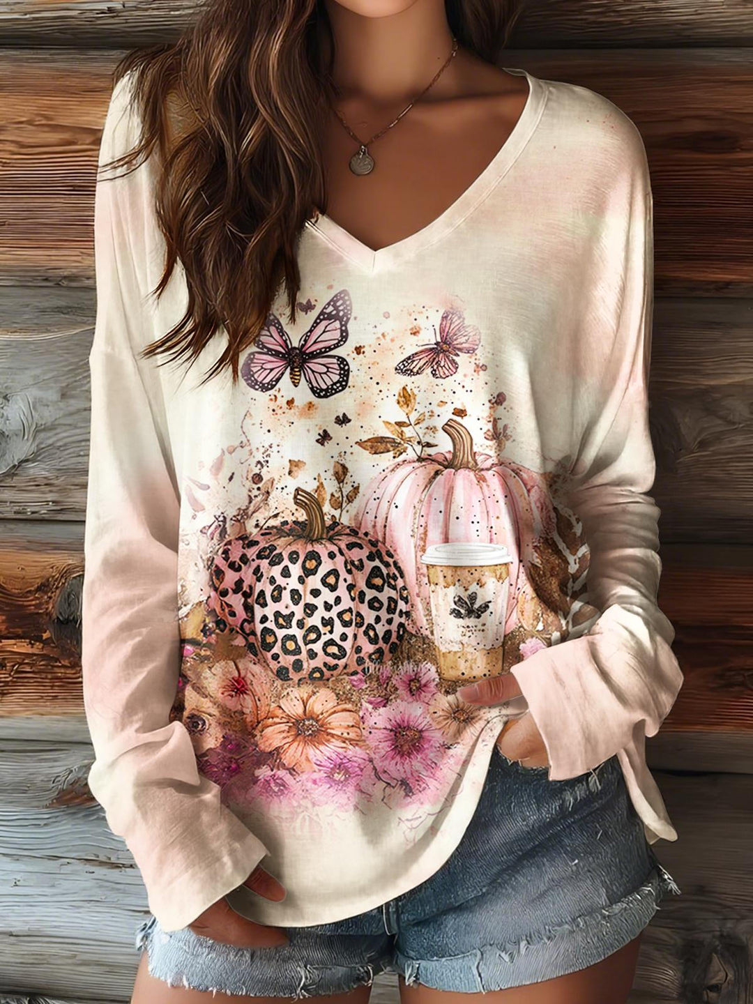 Autumn Pumpkin Butterfly Print V-neck Long Sleeve Top
