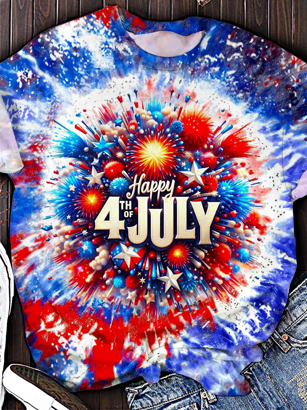 Vintage Tie-Dye Independence Day Flag Crew Neck T-shirt