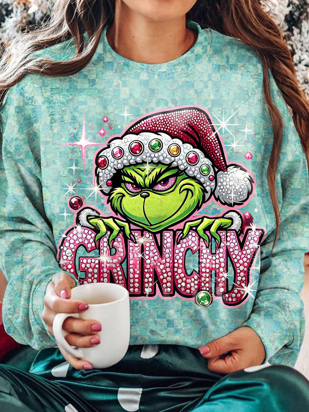 Green Faux Sequin Jewel Print Long Sleeve Top