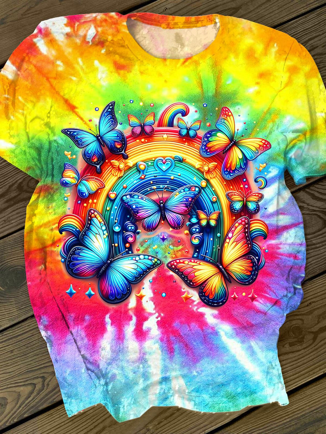 Rainbow Butterfly Print Crew Neck T-shirt