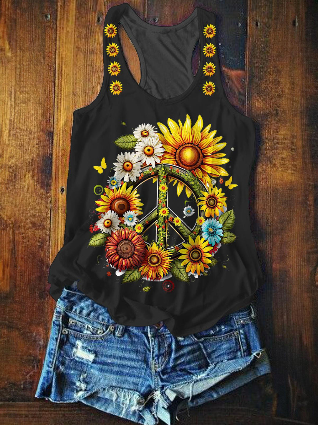Hippie Sunflower Printed Casual Tank Top