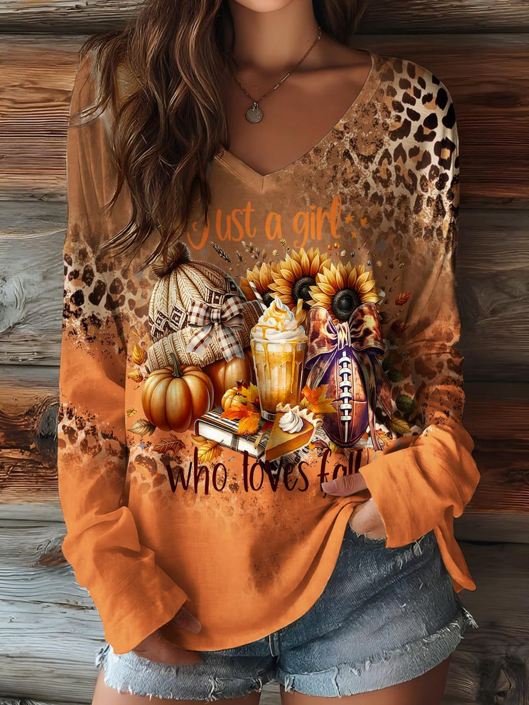 Autumn Pumpkin Leopard Print V-neck Long Sleeve Top