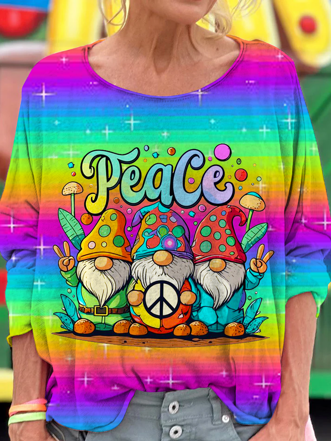 Rainbow Hippie Peace Gnome Art Dropped Shoulders Long Sleeves T-shirt