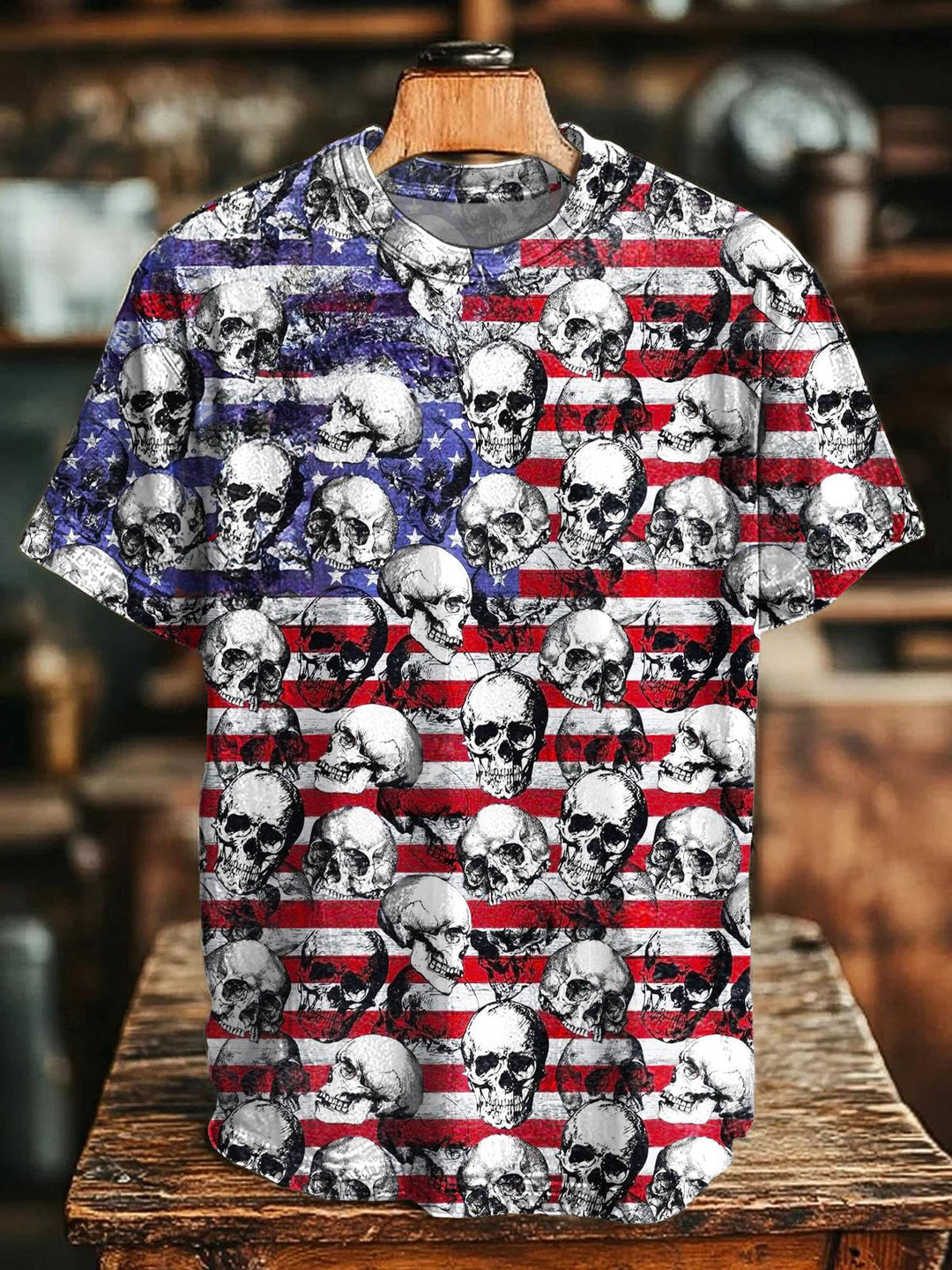 Vintage Skull Flag Printed Crew Neck T-shirt
