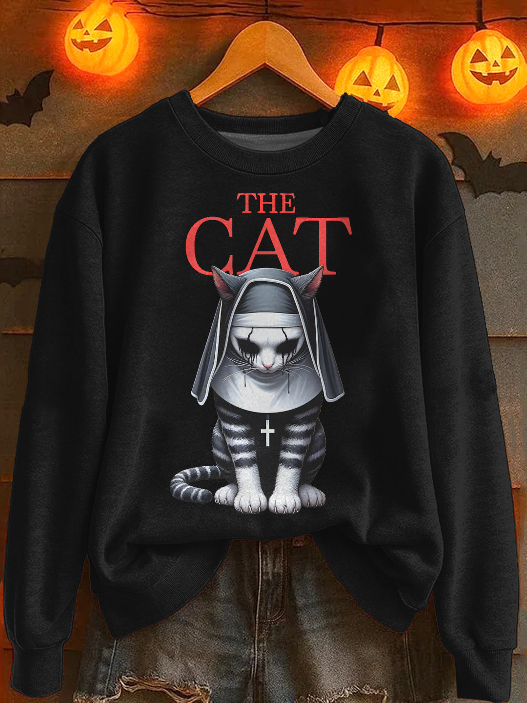 Halloween Nun Kitten Printed Long Sleeve Casual Top