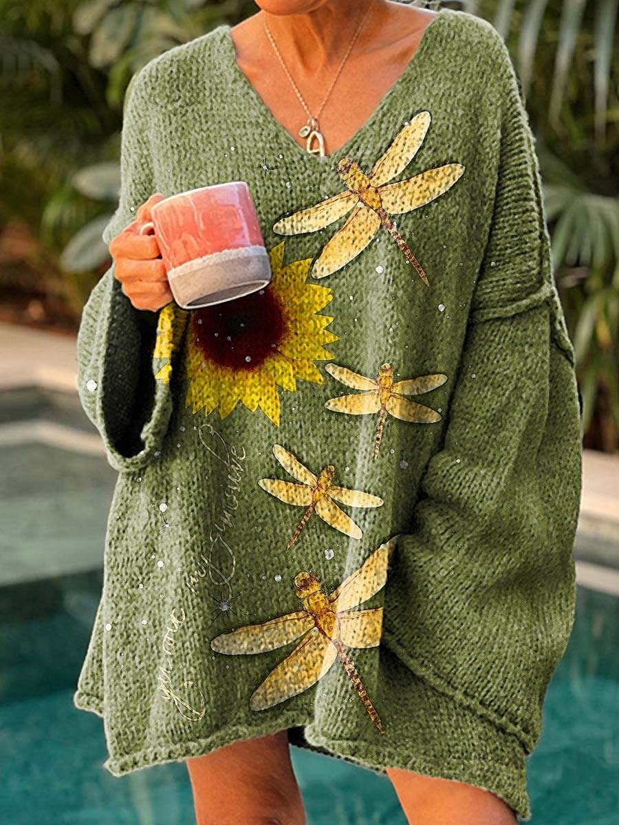 Retro Dragonfly Flowers Art Casual Pullover Sweater