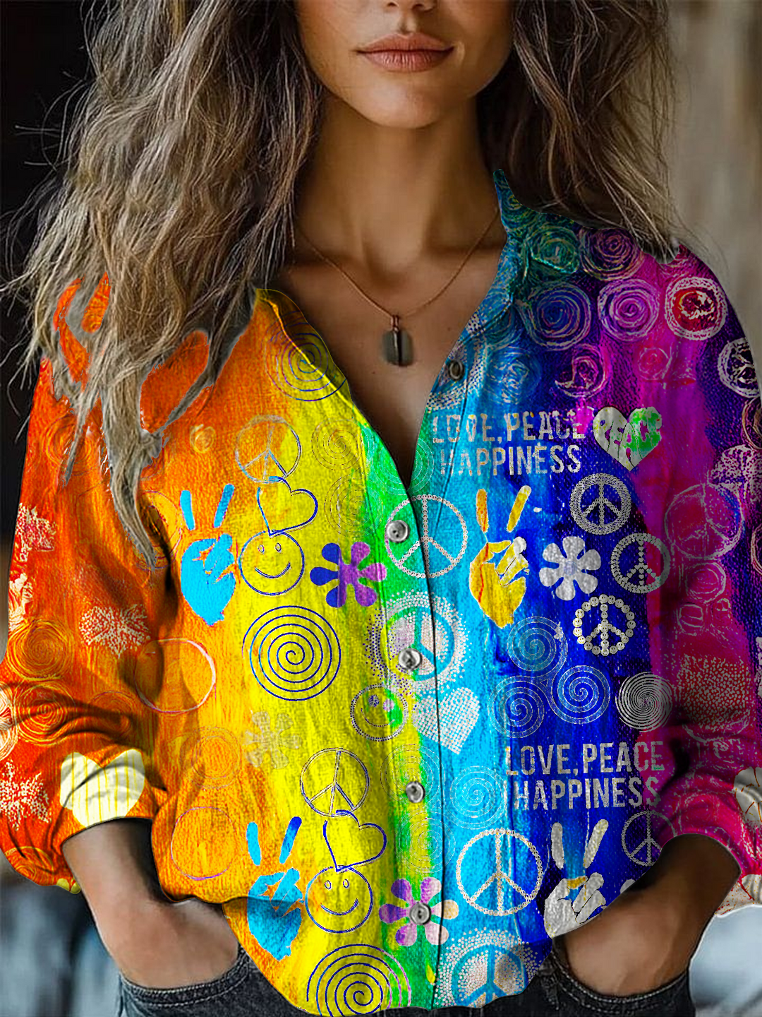 Colorful Hippie Peace Love Art Women's Printed Casual Shirt