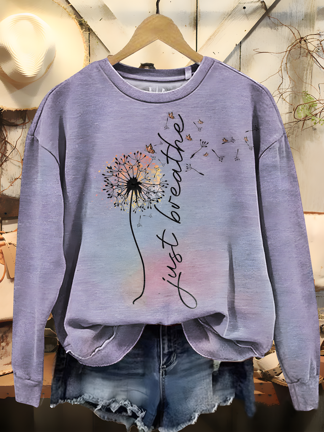 Just Breathe Dandelion Art Printed Long Sleeve Casual Top