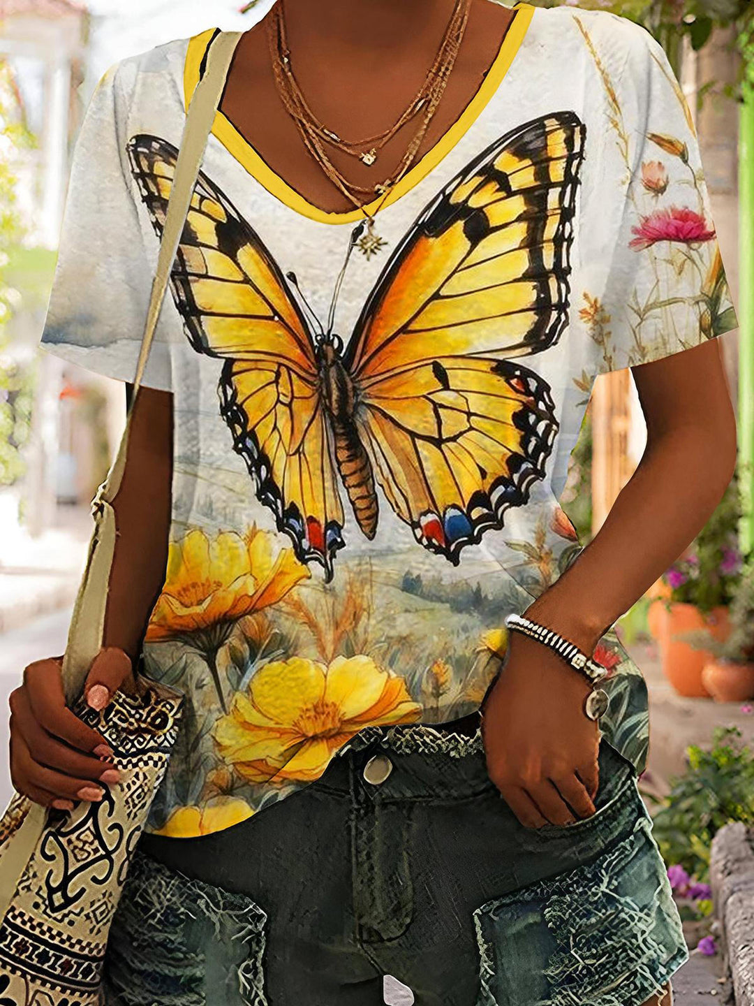 Butterfly Flower V-Neck Short Sleeve T-Shirt