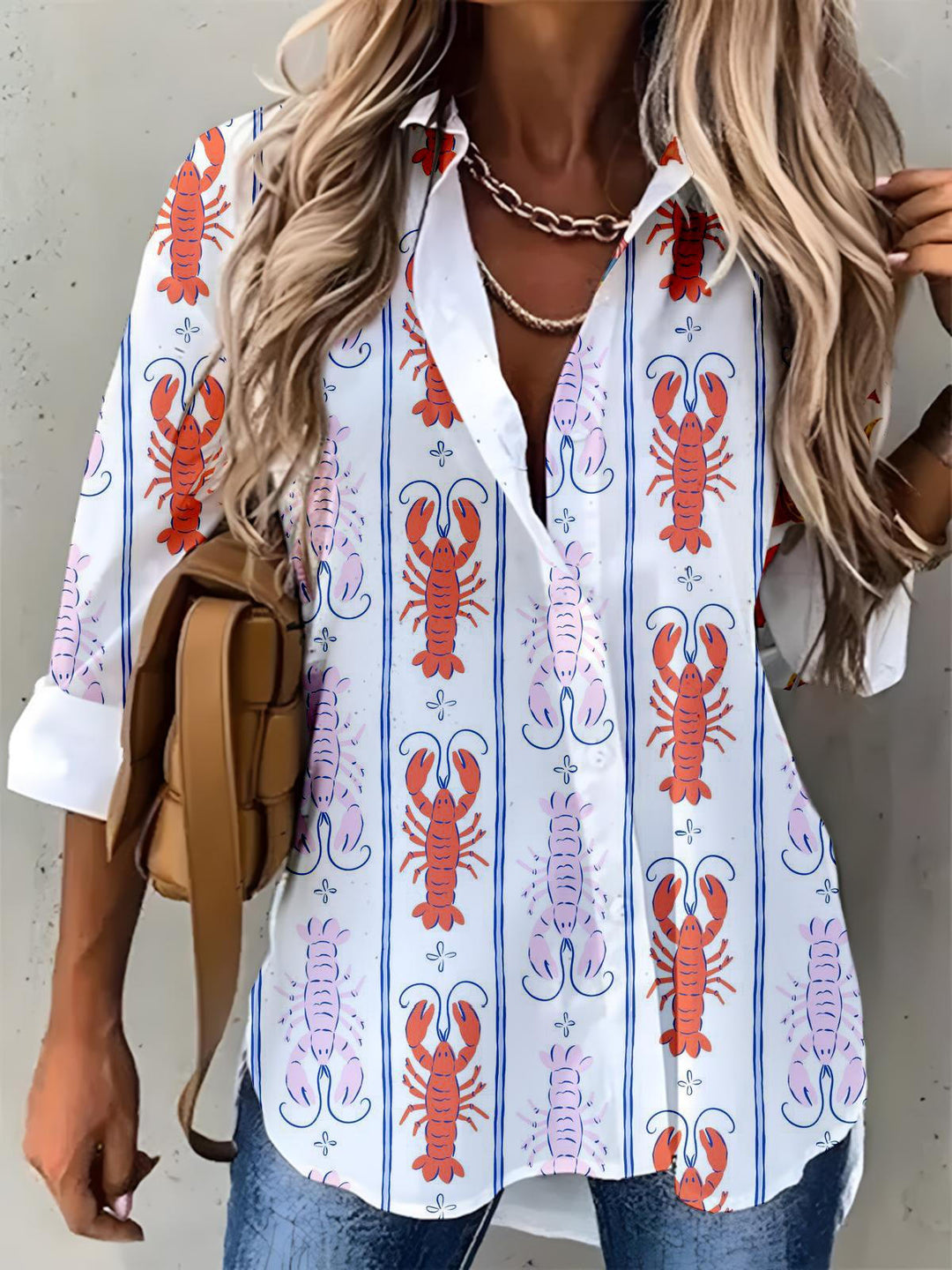 Abstract Hand Drawn CraWfish Geometric Stripes Art Women's Printed Casual Shirt