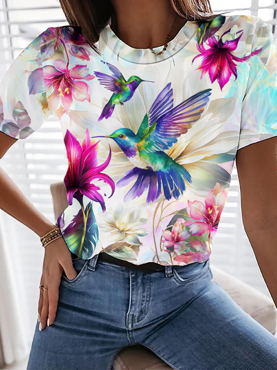 Pink Floral Hummingbirds Crew Neck T-shirt