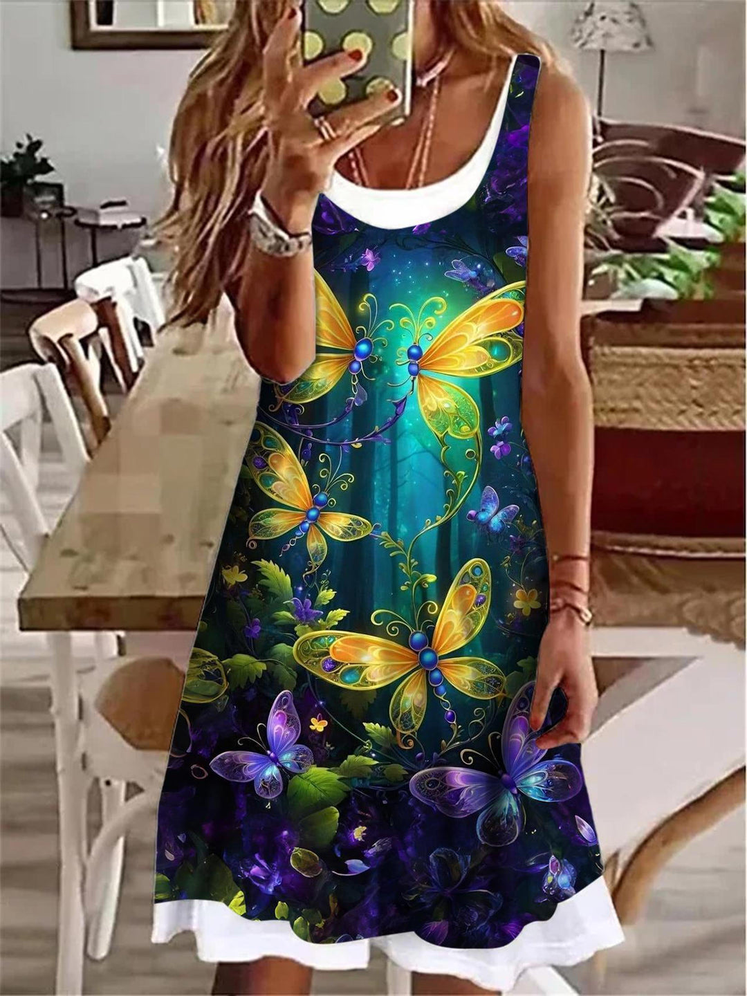 Yellow Dragonflies Print Ladies False Two Dress